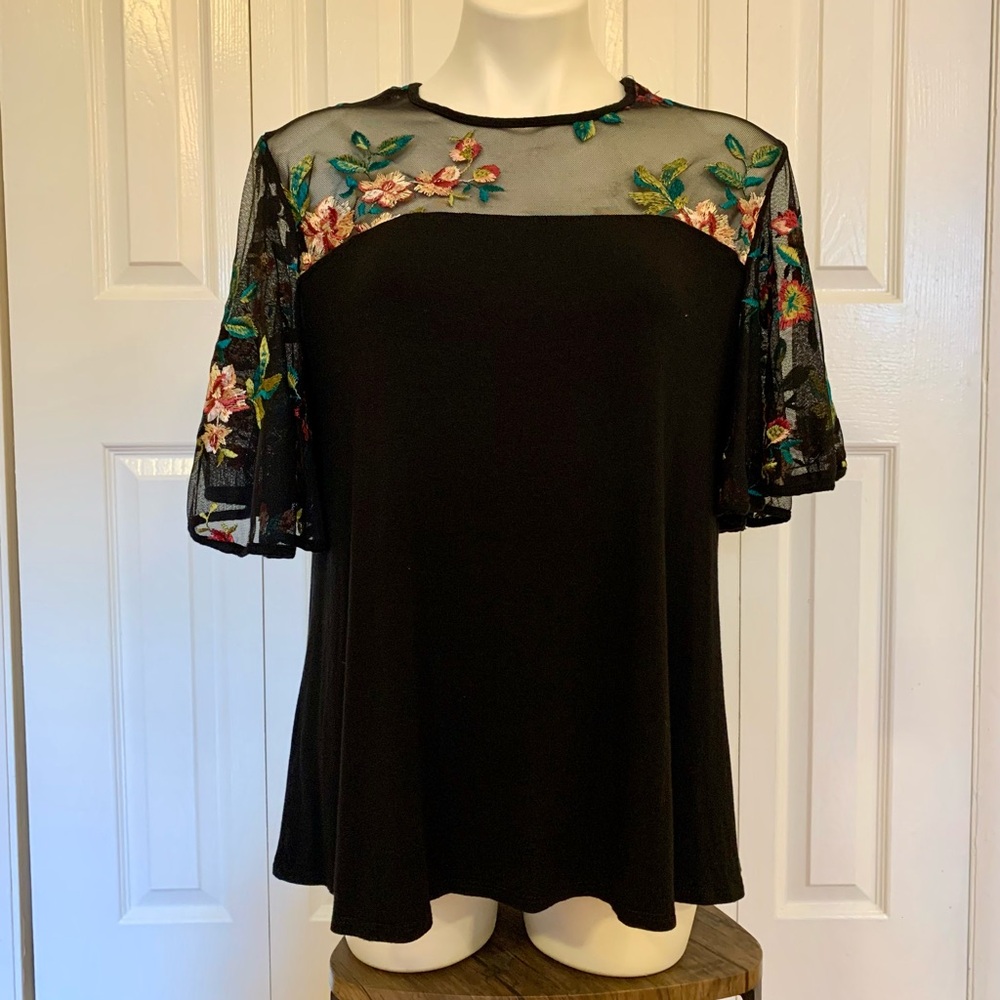 Kim & Cami Black Blouse with Floral Sheer Sleeves